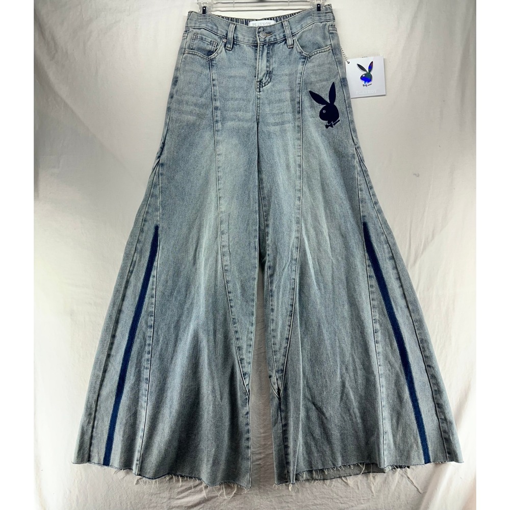 Playboy Women Light Wash Wide Leg Jeans Bunny Logo Side Stripe Size 1 NEW
